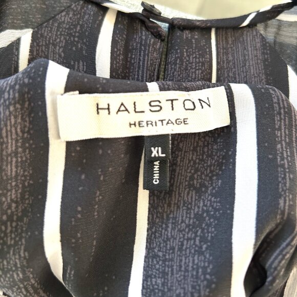 Halston Heritage Black Stripe Mini Dress, Crinkle Chiffon, Gold Detail, Sz. XL - Picture 7 of 11